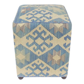 1990s Vintage Southwestern Gates Blue/Beige Handmade Kilim Upholstered Ottoman For Sale
