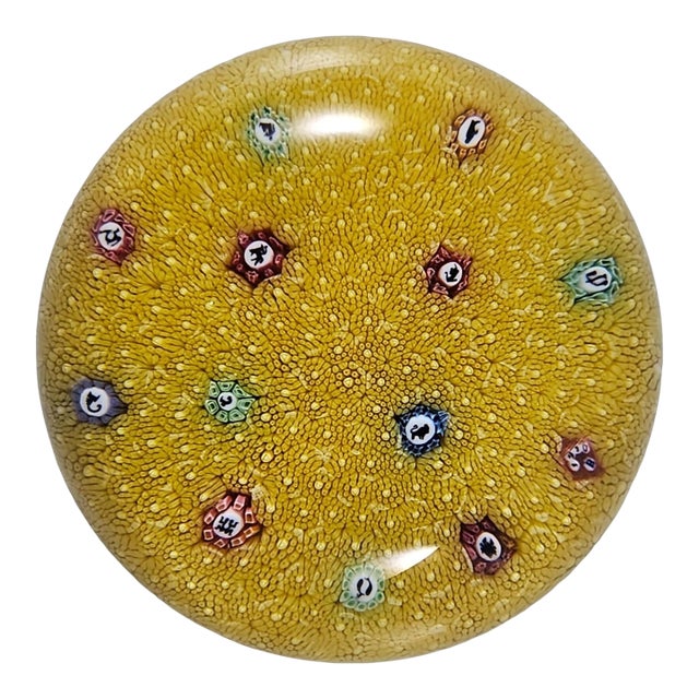 Baccarat 1970 Millefiori Zodiac Carpet Gridel Paperweight Animal Silhouette Yellow #162 For Sale