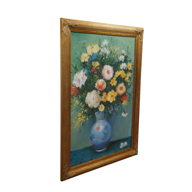 Vintage 20th century still life oil painting on canvas depicting a bouquet of flowers in a blue painted vase with a blue...