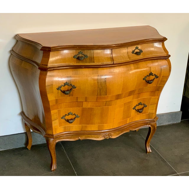 Italian Italian Olive Walnut Bur Lwood Bombe Chest of Drawers For Sale - Image 3 of 8