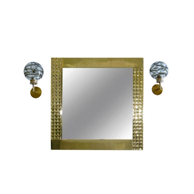 Pair of Vintage sconces by Doria 1970s, brass structure with structured cocoon Murano glass globes with dark sage green...