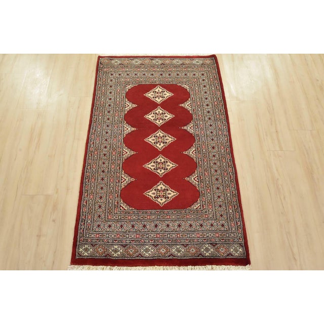 Tribal Bokhara Jaldar Rug 3′ X 4’11” Red Wool Tribal Hand-Knortted Oriental Carpet For Sale - Image 3 of 10