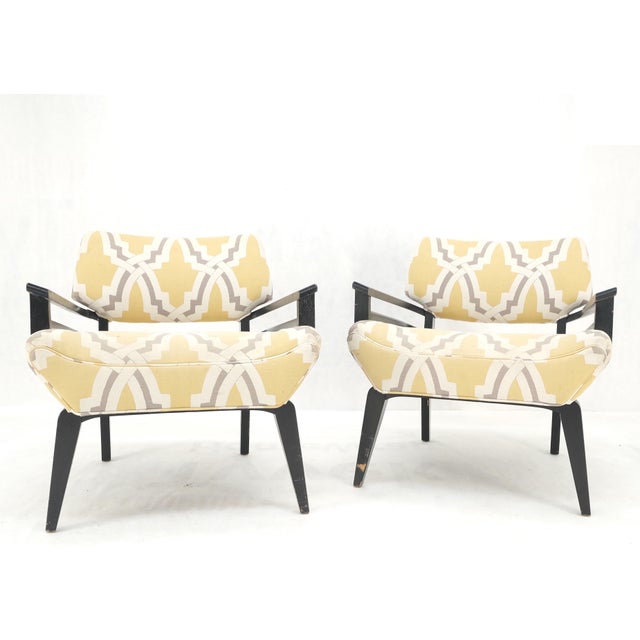 Mid-Century Modern Pair of Mid-Century Modern Black Lacquer Abstract Fabric Lounge Chairs AS IS For Sale - Image 3 of 14