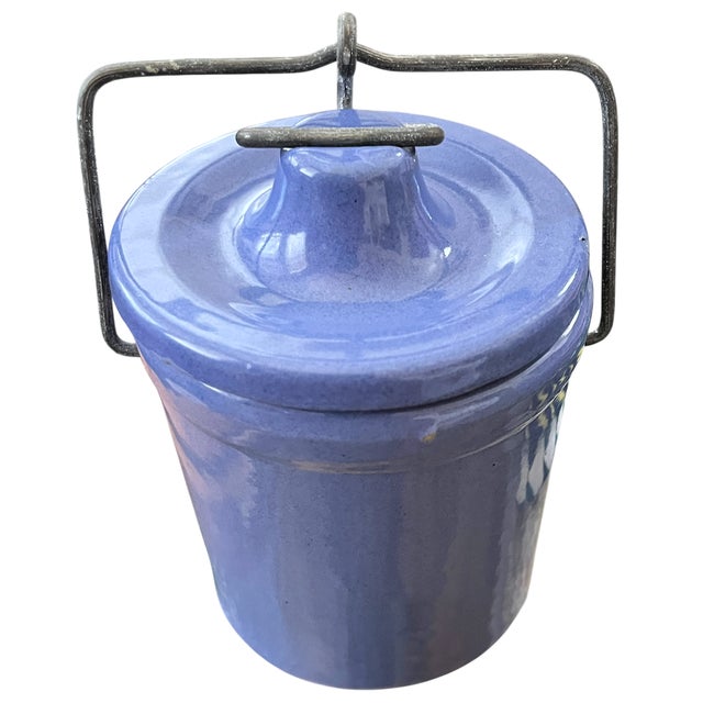 1950s Vintage French Country Periwinkle Blue Ceramic Lidded Canister & Striped Spoon After Digoin Sarreguemines For Sale - Image 5 of 13