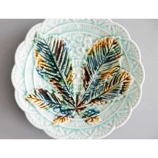 A lovely antique 19th-Century Swedish chestnut leaf majolica dessert plate produced by the renowned Rörstrand company, one...