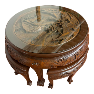 Vintage Carved Asian Hardwood Tea Table With Glass Top and Matching Nesting Stools