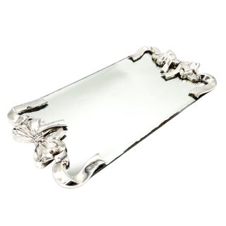 1980s Godinger Silver-Plated Bow & Ribbon Mirrored Vanity Tray — Hollywood Regency / Traditional / Shabby Chic For Sale