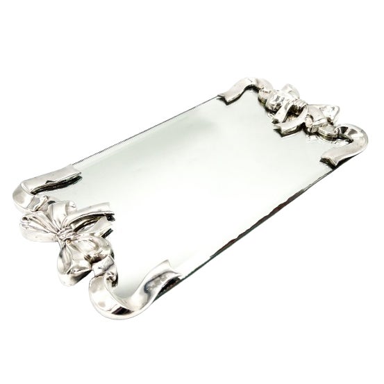 1980s Godinger Silver-Plated Bow & Ribbon Mirrored Vanity Tray — Hollywood Regency / Traditional / Shabby Chic For Sale