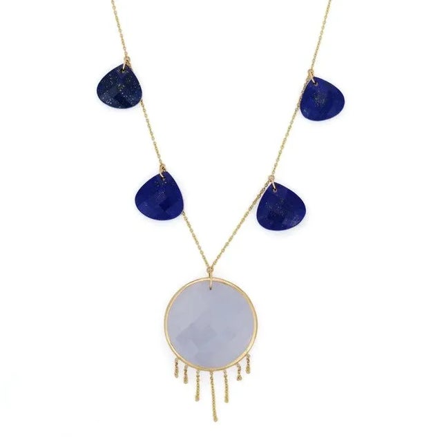 39.1 Carat Lapis Lazuli & Chalcedony Boho Charm Necklace in 18k Yellow Gold For Sale