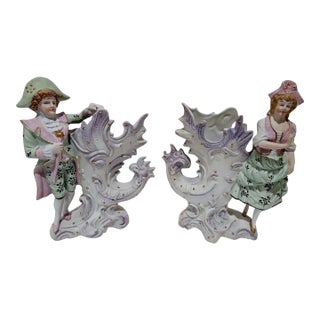 Set of 2 Antique Paulux Occupied Japan Bisque Figurine Vases Victorian Couple 1950s For Sale