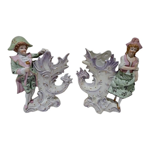 Set of 2 Antique Paulux Occupied Japan Bisque Figurine Vases Victorian Couple 1950s For Sale