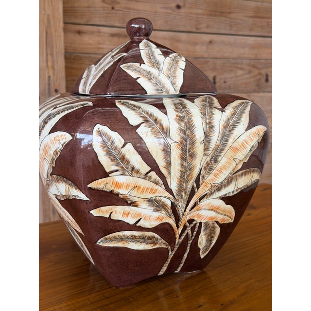 Brown Monumental Tropical Banana Leaf Porcelain Ginger Jar For Sale - Image 8 of 12