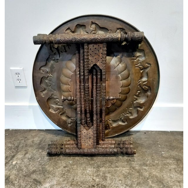 Wood Vintage Morrocan Brass Tray Table With Folding Hand Carved Wood Base For Sale - Image 7 of 8
