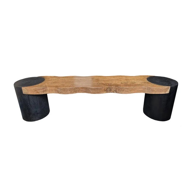 Contemporary Modern Organic Sculptural Teak Wood Bench in Burnt & Natural Finish For Sale - Image 3 of 8