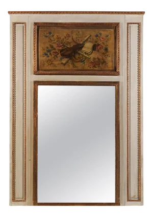 1860s Parisian Louis XVI-Style Trumeau Mirror with Painted Musical Instruments