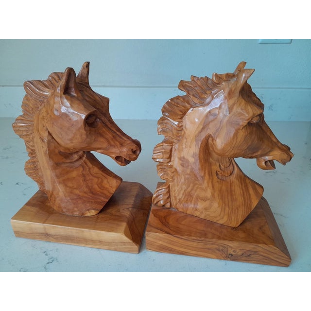 Vintage MCM Exquisite Beechwood Hand Carved Horse Head Bookends-Pair For Sale - Image 4 of 8