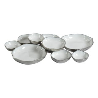 Kenneth Ludwig Chicago Cluster of Nine Round Serving Bowls- Nickel w/ White Enamel For Sale