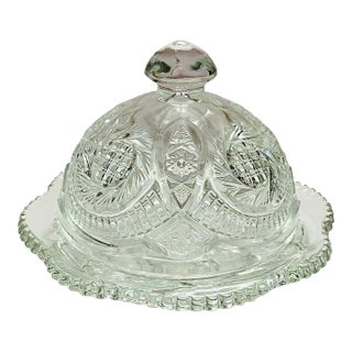 Early 20th Century Starburst Pressed Glass Round Butter Dish For Sale