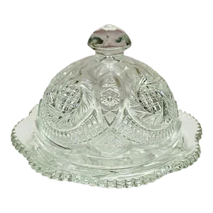 Early 20th Century Starburst Pressed Glass Round Butter Dish