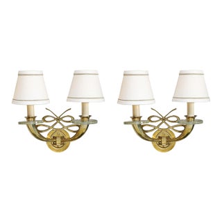 1940s Art Deco Jules Leleu Polished Brass & Glass Ribbon Sconces - Pair For Sale