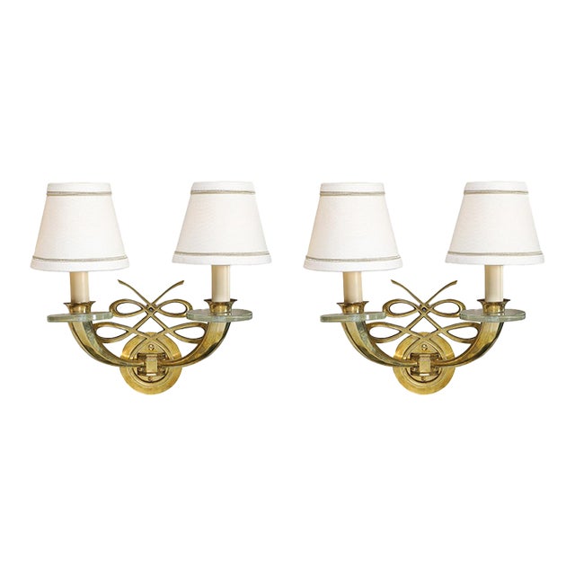 Pair of Art Deco Jules Leleu Polished Brass & Glass Ribbon Sconces For Sale