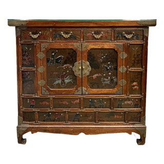 Vintage Korean Scholar's Cabinet With Hand-Painted Hunting Scenes For Sale