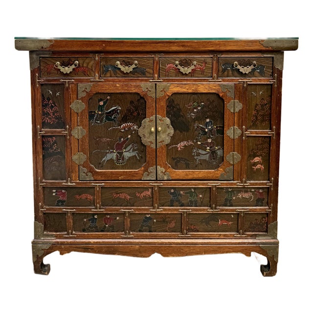 Vintage Korean Scholar's Cabinet With Hand-Painted Hunting Scenes For Sale