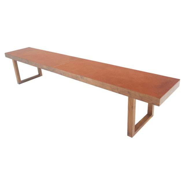 Mid-Century Modern Slim Profile Solid Walnut Frame Integrated leather Cushion 7.5' Long Bench For Sale - Image 3 of 12