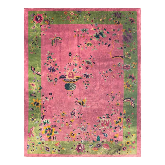 1920s Raspberry Pink Field Antique Floral Vase Chinese Art Deco Rug 8' 9" X 11' 4" Knotted Wool Carpet For Sale