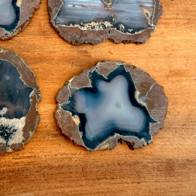 Set of four polished agate slice coasters. Each slice shows soft blue and gray banding inside a natural rough brown rim,...