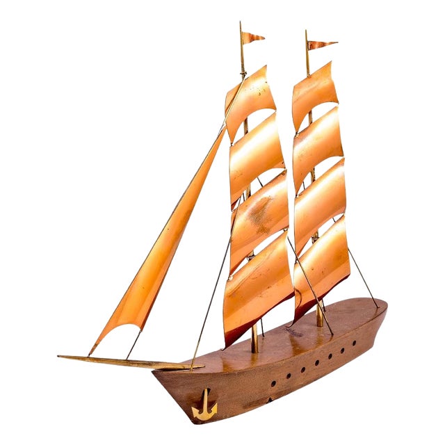 Mid-Century Austrian Sailing Boat Sculpture in Wood & Copper, 1950s For Sale