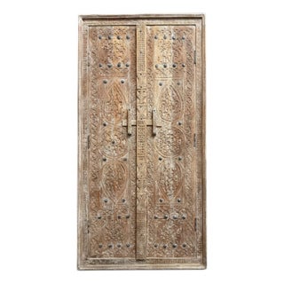 Antique Indian Hand-Carved Double Doors – Rustic Farmhouse Teak Wood Architectural Salvage For Sale