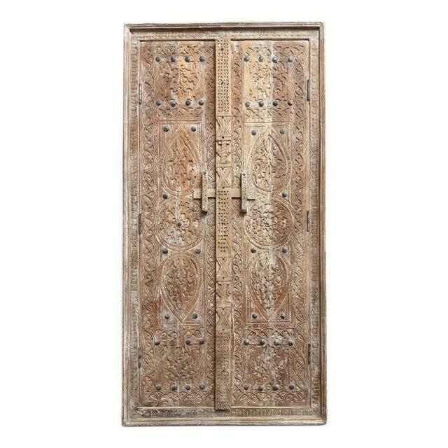 Antique Indian Hand-Carved Double Doors – Rustic Farmhouse Teak Wood Architectural Salvage For Sale
