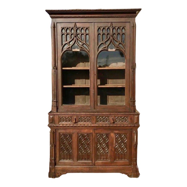 Gothic Style Oak Bookcase For Sale