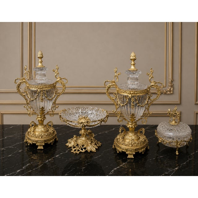 Early 19th Century French Rococo Gold Plated Crystal Urn & Centerpiece Set - Gilt Bronze Baroque Decorative 3 Piece For Sale - Image 5 of 6