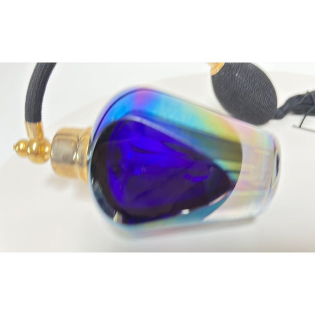 Royal Blue Iridescent Cobalt and Amethyst Art Glass Perfume Atomizer Faceted Crystal 1980 For Sale - Image 8 of 18