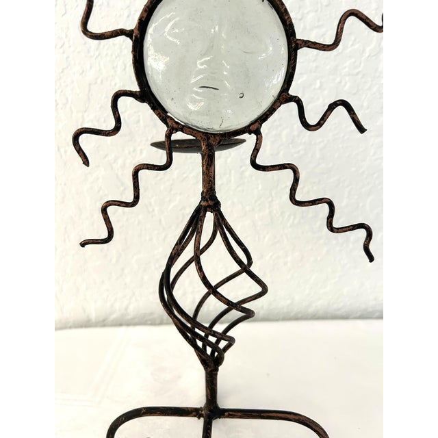 Folk Art 1990s Forged Iron & Glass Celestial Pillar Candle Holder For Sale - Image 3 of 5