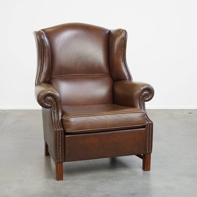 Large English Dark Brown Smooth Cow Leather Chesterfield Wing Chair For Sale - Image 14 of 14