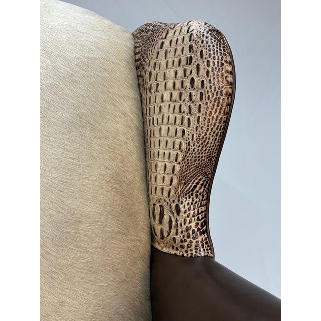 1970s Custom Wingback Chair in Brazilian Champagne Hair-on-Hide & Italian Espresso Leather – Crocodile Embossed Accents For Sale - Image 11 of 11