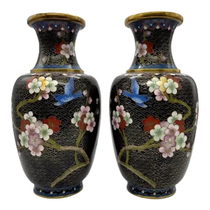 Early 20th Century Black Enamel Chinese Cloisonné Vase With Flowers and Birds, a Pair