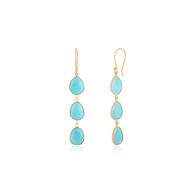 Art Deco 14k Gold Cabochon 11.2 Ct Turquoise Dangle Earrings for Her- A Pair For Sale - Image 3 of 11