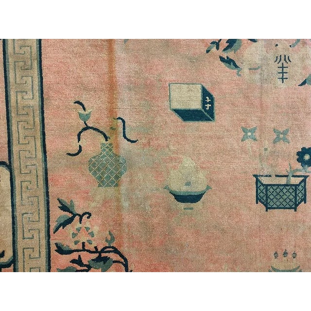 1890s Rose Pink Floral Vase Qing Antique Chinese Peking Carpet 6'6''x 8'4'' Knotted Wool Rug For Sale In New York - Image 6 of 9