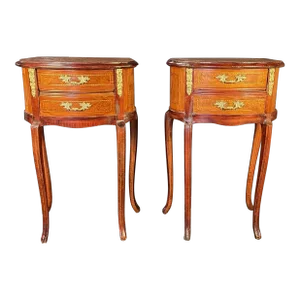 French Louis XV Inlaid Marquetry Side Tables or Night Stands -A Pair