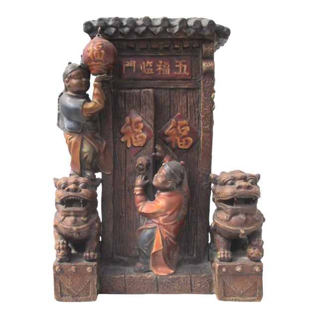 Wall Pocket Ceramic Chinese Figural Scene Terra Cotta For Sale
