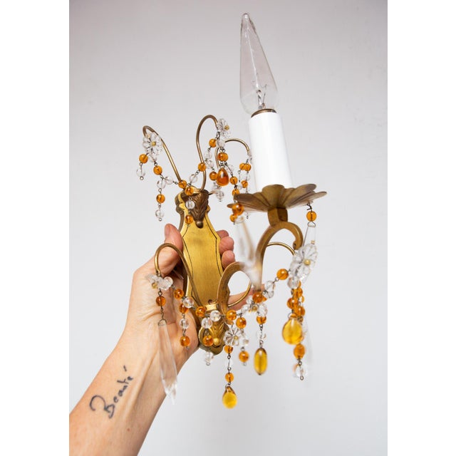 French Wall Sconces in Brass and Amber Crystals, 1960s, Set of 2 For Sale - Image 3 of 10