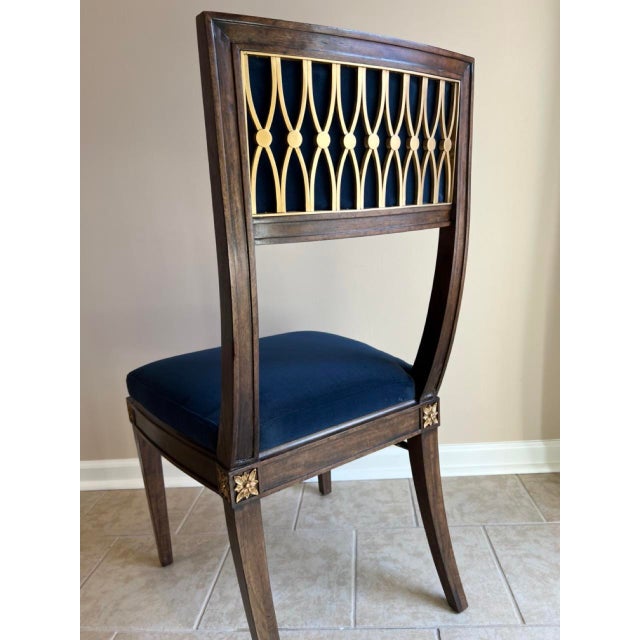 Brown Jonathan Charles Open Back Dining Chair, Custom Blue Velvet Upholstery, Bleached Crotch Walnut Finish, Gold Accents For Sale - Image 8 of 18