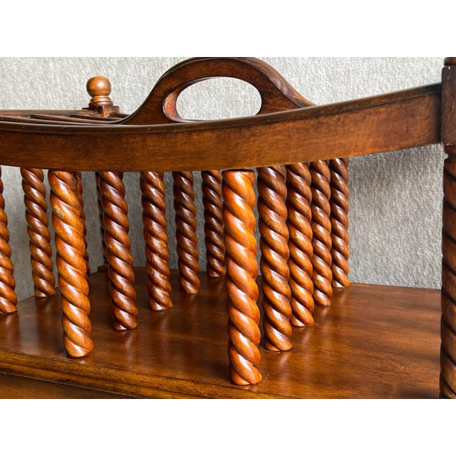 Vintage English Canterbury Barley Twist Wooden Magazine Rack on Metal Casters For Sale - Image 9 of 12