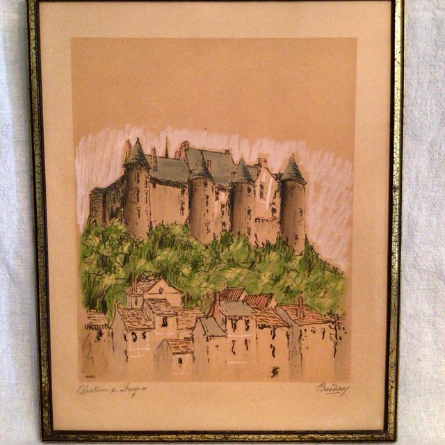 Château de Luynes lithograph hand colored with pastels and colored pencils by Barday.