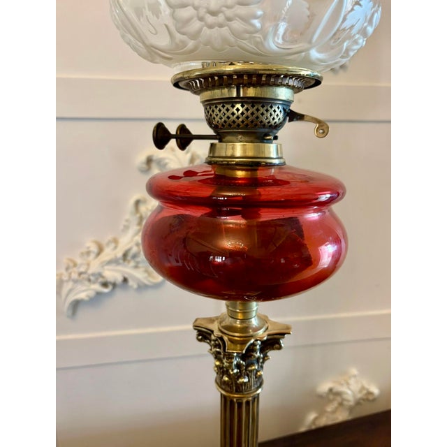 Antique Victorian Cranberry Glass Oil Lamp on Brass Corinthian Column, 1860 For Sale - Image 6 of 11