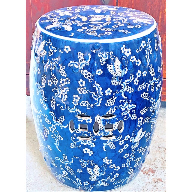 Chinoiserie Porcelain Blue and White Garden Stool With Butterflies